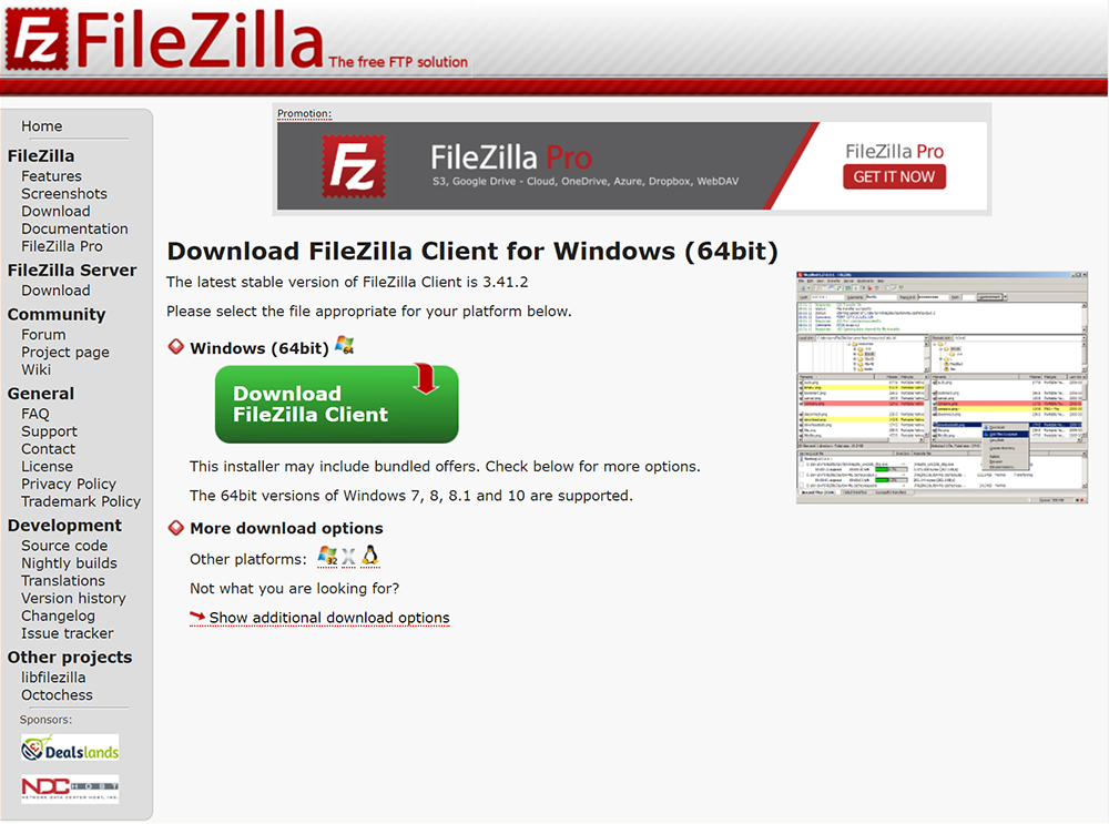 通常の「FileZilla」ダウンロード画面