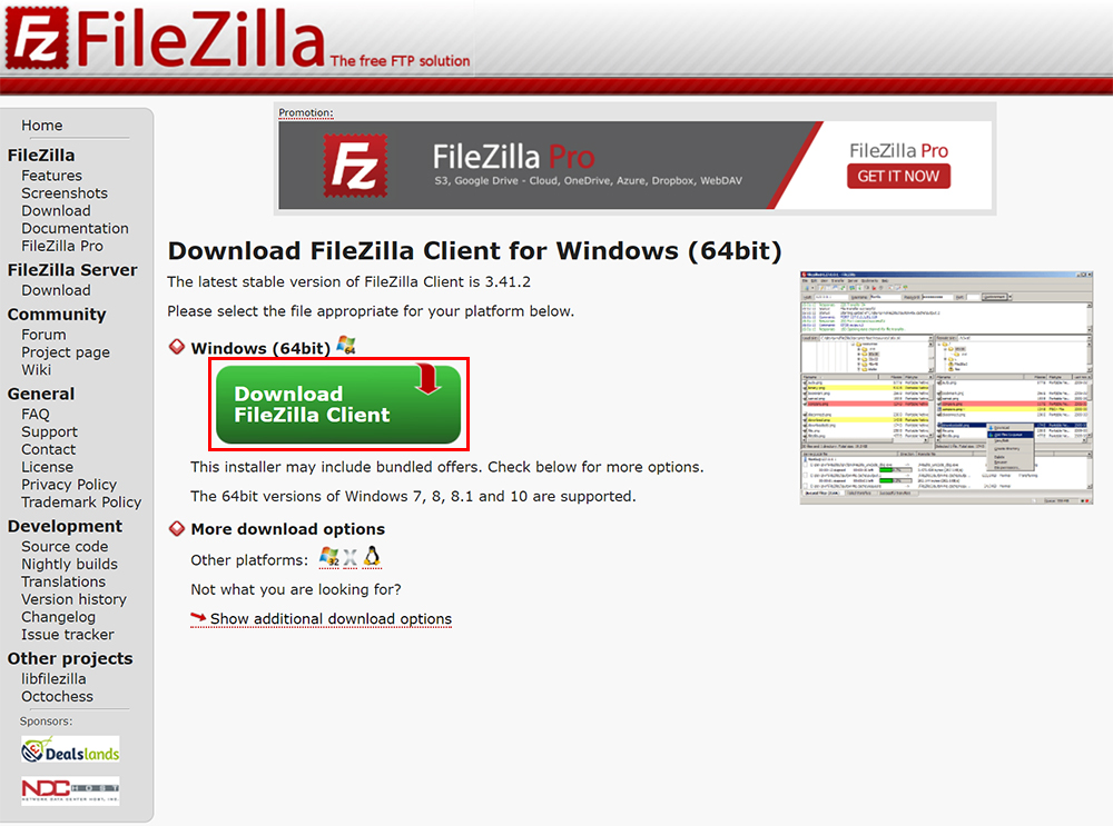 緑の「Download FileZilla Client」ボタンをクリック
