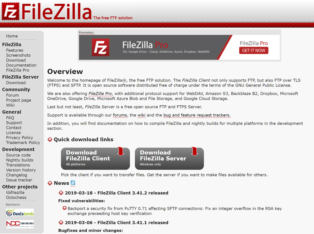 「FileZilla」の公式ページを開く