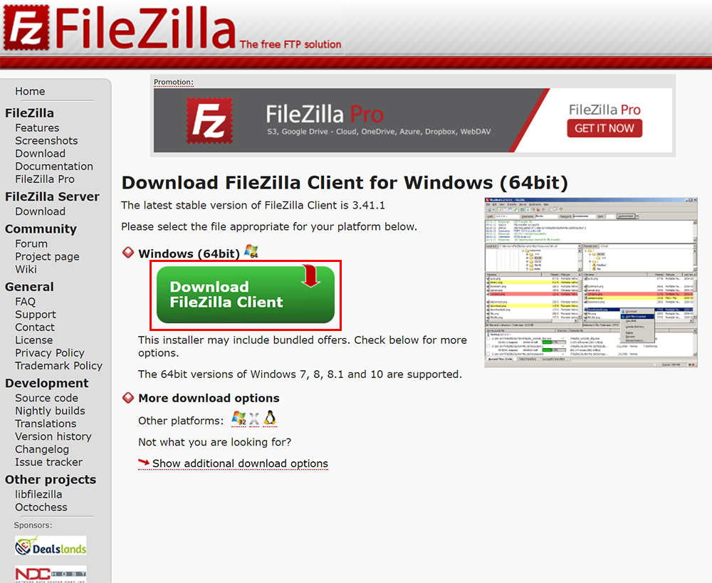 緑色の「Download FileZilla Client」ボタンをクリック