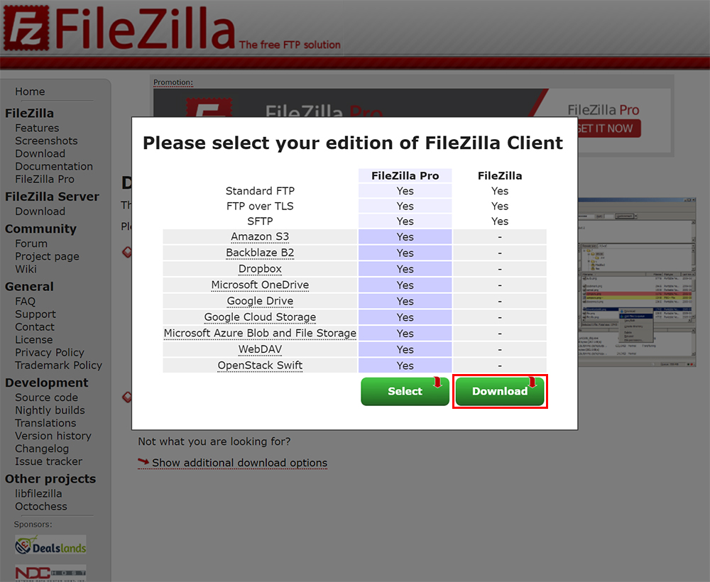 「Please select your edition of FileZilla Client」というポップアップが表示されるので、右側の「Download」ボタンをクリック