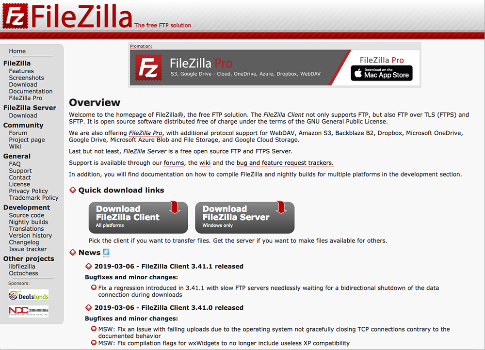 FTPクライアント「FileZilla」の公式サイトを開きます
