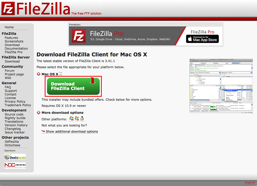 「Mac OS X」にある緑色の「Download FileZilla Client」ボタンをクリックします