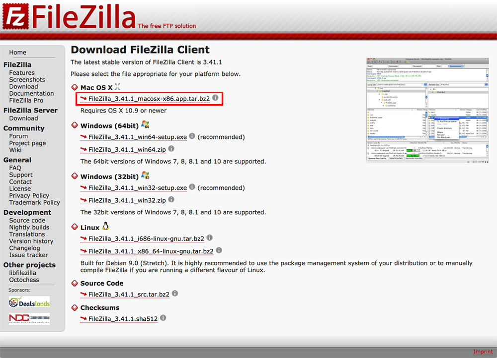 「Download FileZilla Client」というページが表示されるので「Mac OS X」の「FileZilla_〇.〇〇.〇_macosx-x86.app.tar.bz2」という文字をクリックします